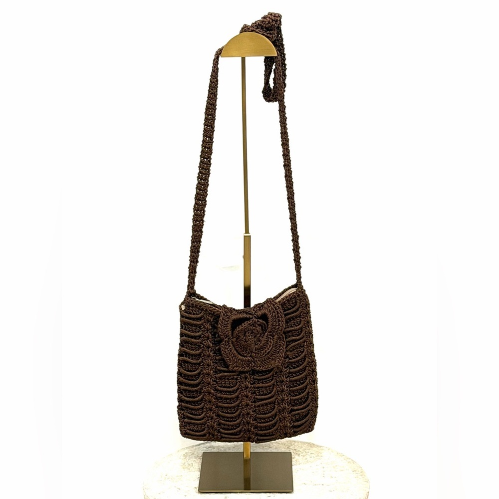 Handmade Crochet Brown Floral Crossbody Bag Lined Zipper Artisan Boho